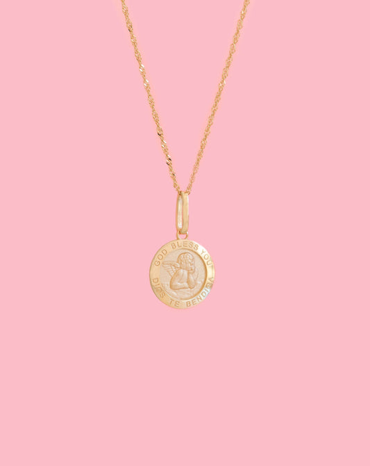 PVLA | 14k Solid Yellow Gold Baby Angel Pendant Charm | Guardian Angel Necklace Set