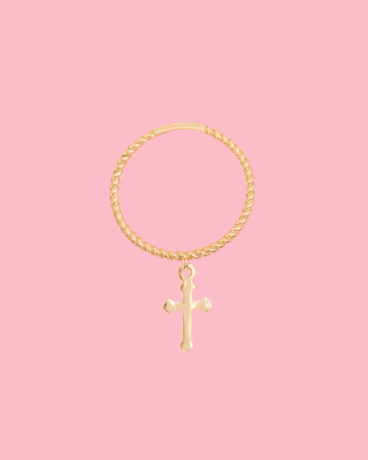 PVLA | 14k Solid Yellow Gold Dangling Cross Ring | Religious Stackable Ring | Swinging Cross Ring