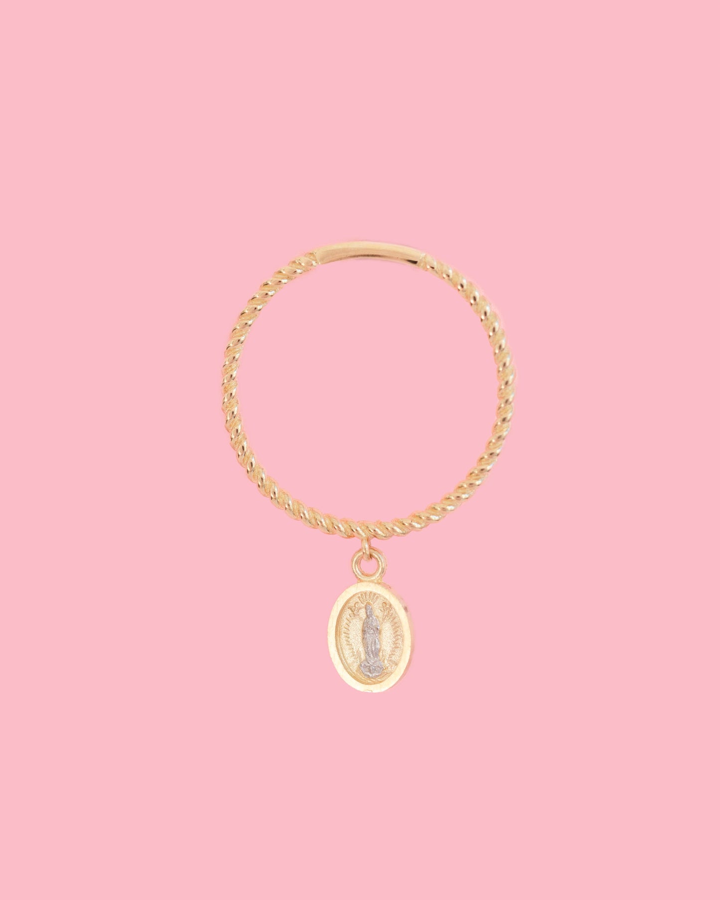 PVLA | 14k Solid Yellow Gold Twist Dangling Virgin Mary Ring | Stackable Swinging Religious Twist Ring