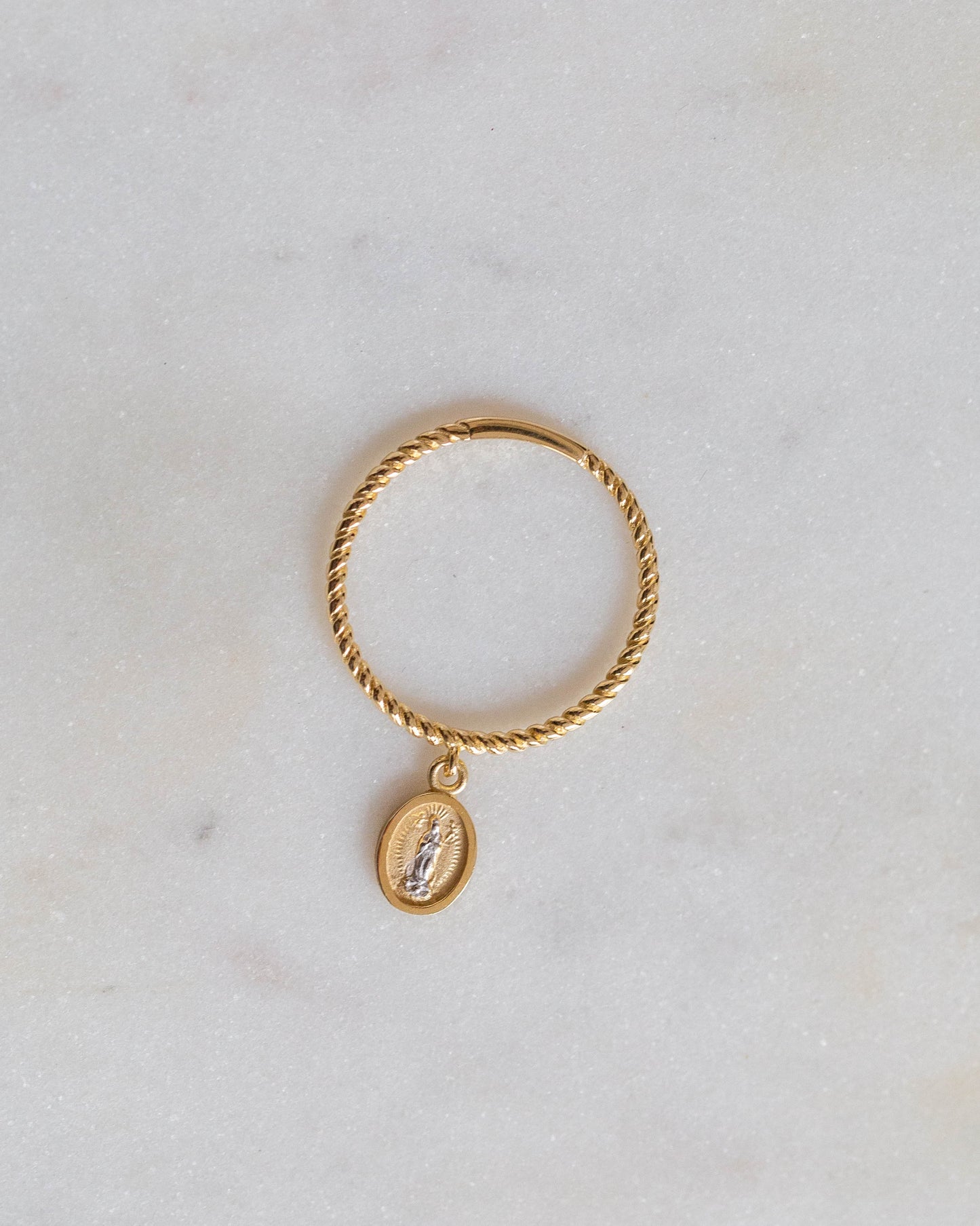 PVLA | 14k Solid Yellow Gold Twist Dangling Virgin Mary Ring | Stackable Swinging Religious Twist Ring