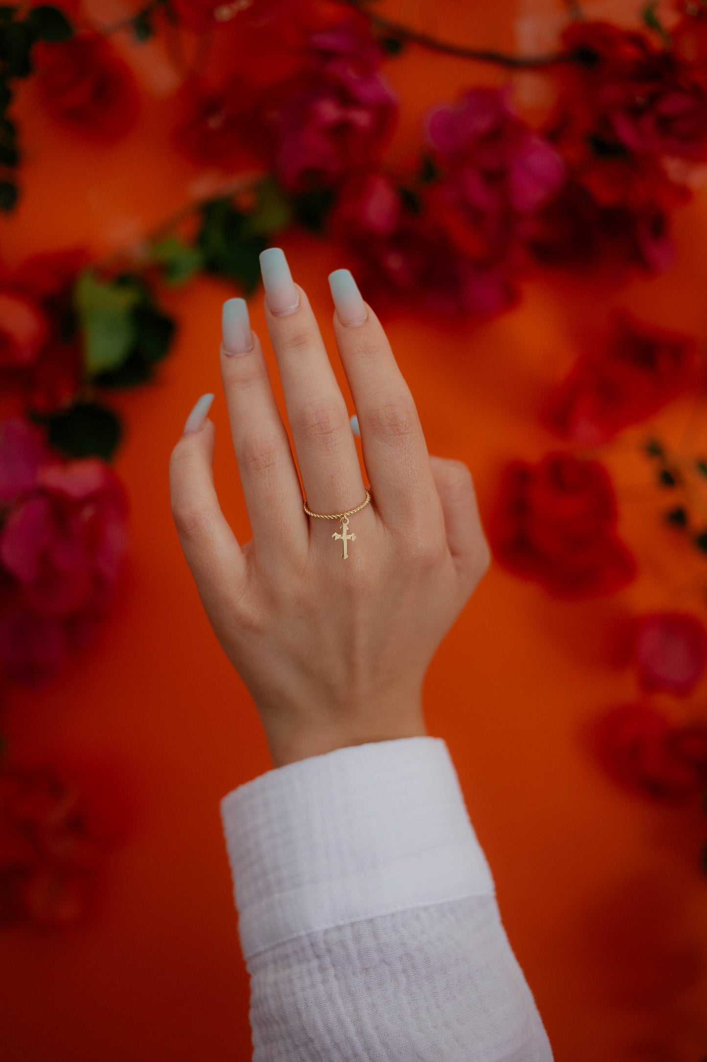 PVLA | 14k Solid Yellow Gold Dangling Cross Ring | Religious Stackable Ring | Swinging Cross Ring